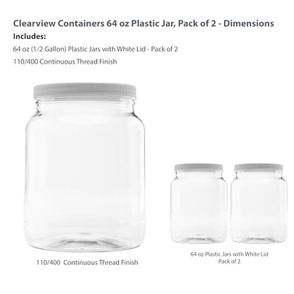 2 Pack - 64 oz (Half Gallon) Plastic Storage Jars with 110-400 Leak Proof White Lid, Food Grade, BPA Free, Hand Wash Only (64oz, 2pk) - size: 2pk - 64oz, White