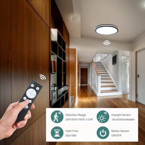 Motion Sensor Ceiling Light, 11 Inch Hardwired Flush Mount 2400LM - color: Black, size: 11 inch 1 pack