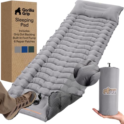 GORILLA GRIP Slip-Resistant Inflatable Sleeping Pad with Grip Dots, Foot Pump, Puncture Resistant Lightweight Camping Mattress, Air Mats Travel Backpacking, Inflating Bed Camp Sleep Pads Tent, Gray - color: Gray