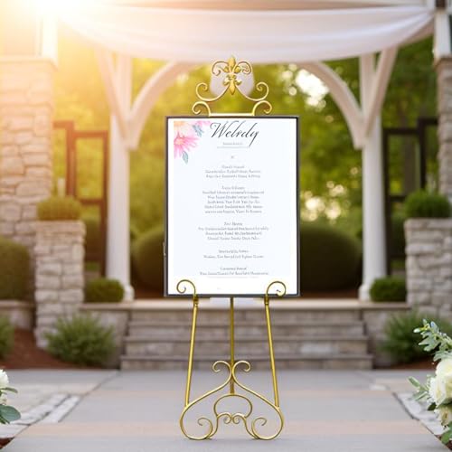 60” H Gold Easel Stand for Sign Large Adjustable Metal - color: Scrollwork Floral Top