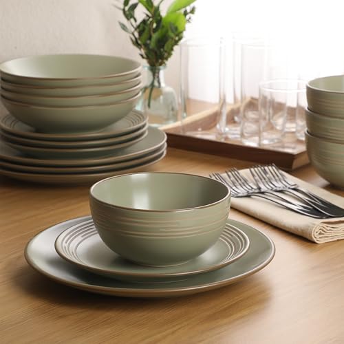 Gibson Home Chiswick House 16-Piece Stoneware Dinnerware Set, Round Plates and Bowls Set for 4, Green with Wax Relief Embossed Rim Detail, Dishwasher Safe – Dinner Plate, Salad Plate & Cereal Bowl - color: Green w/ Wax Relief Embossed Rim (Chiswick House)