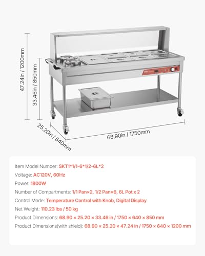 VEVOR Commercial Electric Food Warmer, 7 Pans + 2 Pots Steam Table, 1800W Professional Buffet Catering Food Warmer with Shield Undershelf Wheels, Stainless Steel Server for Party Restaurant