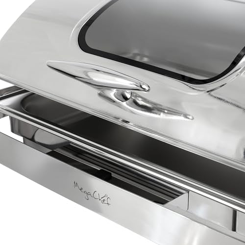 MegaChef 9.5 Quart Oblong Roll Top Stainless Steel Professional Kitchen Chafing Dish/Food Warmer/Buffet Server Serving Trays for Entertaining, Catering, Large Gatherings (9.5 Quart w/Window) - size: 9.5 Quart w/ Window