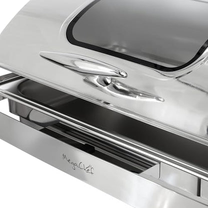 MegaChef 9.5 Quart Oblong Roll Top Stainless Steel Professional Kitchen Chafing Dish/Food Warmer/Buffet Server Serving Trays for Entertaining, Catering, Large Gatherings (9.5 Quart w/Window) - size: 9.5 Quart w/ Window