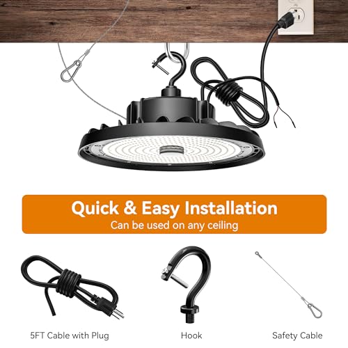 UFO LED High Bay Light 240W 36,000lm 5000K Daylight, High Bay LED Shop Light 0-10V Dimmable with US Plug 5’ Cable, Commercial LED Warehouse Lights, Factory Area Lighting Fixture, 2PCS