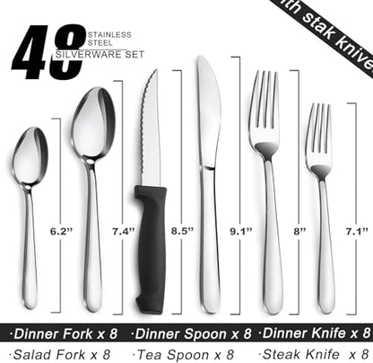 Pleafind 48-Piece Stainless Steel Silverware Set for 8 - Heavy Duty Flatware Set Including Steak Knives, Forks, Spoons and Dinner Knives, Mirror Polished Kitchen Utensils Set, Dishwasher Safe - size: 48 pieces