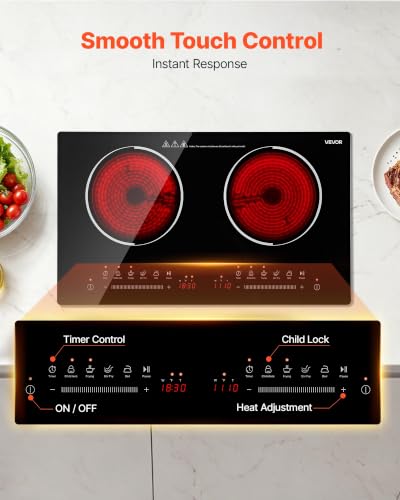 VEVOR 24in 2-Burner Electric Cooktop Built-in Stove Top, Touch Control, 9 Levels, Timer, Child Lock, Single-Ring Ceramic, Portable/Built-in, 110V 1800W US Plug - size: 24 IN+2 Burner+Touch