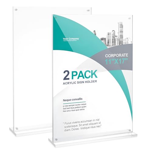 11x17 Acrylic Sign Holder Table Top with Magnetic Corners, 2-Pack – Quick Change Display Stand for Menus, Posters and Ads, Restaurant, Office, Events, Retail, Large Size