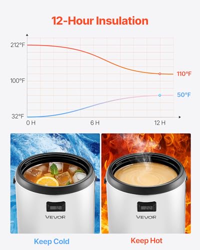 VEVOR Insulated Beverage Dispenser, 3.2 Gal/12L Stainless Steel Thermal Drink Server with Spigot & Temp Display, Suitable for Hot and Cold Drinks, for Tea Coffee Water in Cafes & Restaurants, Silver - size: 3.2 Gal (1 Pack)