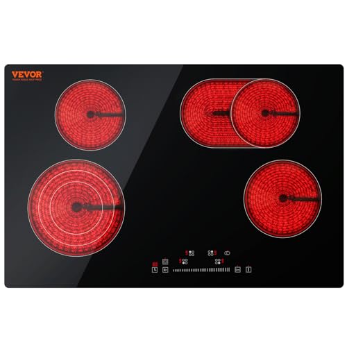 VEVOR 30" 4 Burner Built-in Electric Radiant Cooktop, Touch Sensor Ceramic Stove Top, 7200W,240V Hardwired No Plug, Residual Heat Indicator, Timer Child Lock, 9 Power Levels for Simmer, Steam, Fry - size: 30 IN-4 Burner+Touch Control