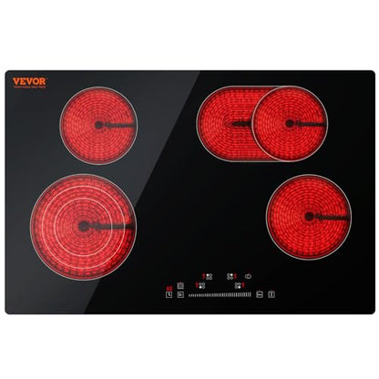 VEVOR 30" 4 Burner Built-in Electric Radiant Cooktop, Touch Sensor Ceramic Stove Top, 7200W,240V Hardwired No Plug, Residual Heat Indicator, Timer Child Lock, 9 Power Levels for Simmer, Steam, Fry - size: 30 IN-4 Burner+Touch Control