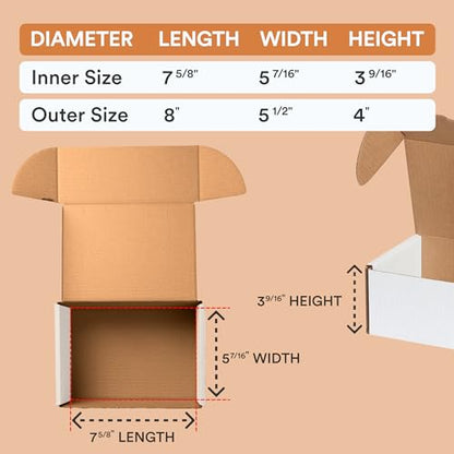 Box USA 8" Deluxe Shipping Boxes, 8"L x 5 1/2"W x 4"H, 50-Pack - White Box Mailers for Packaging, Storage, Gifts or Bulk Business Orders - size: 8 x 5 1/2 x 4" 50-Pack