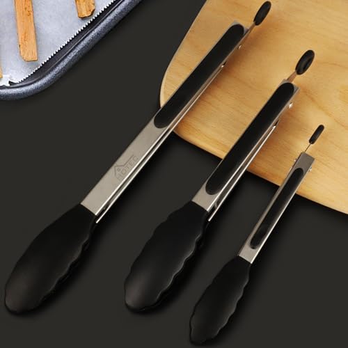 HOTEC Stainless Steel Kitchen Tongs with Silicone Tips, Set of 3-7",9" &12" - color: Black:12+9+7inch