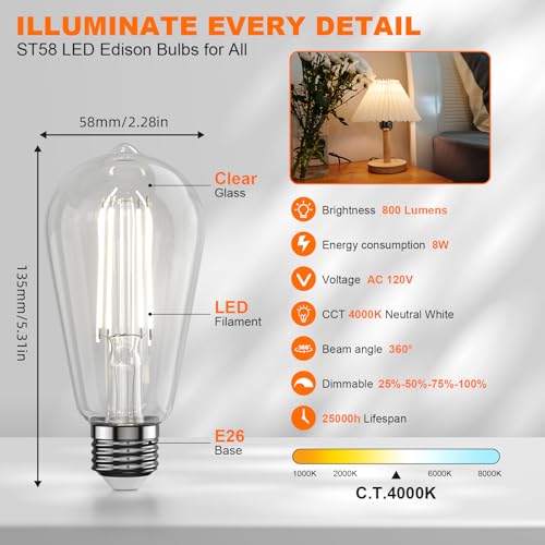 Kawaya E26 LED Edison Bulbs: 8W Equivalent 80W Dimmable LED Bulbs - Vintage ST58 4000k ‎Neutral White - 800 Lumens High Brightness Filament Bulbs with 90+ CRI - Clear Glass, 6 Pack - color: 4000k ‎neutral White, size: 6 Pack