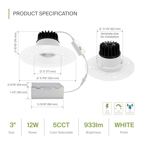 ASD 3 Inch Trimless LED Recessed Ceiling Light Fixture, Mud-in Canless Downlight with Junction Box, 5CCT Selectable 2700K-5000K, 12W 933 Lumens, CRI90+, Anti-Glare, Dimmable, IC & Wet Rated, ETL - color: White 1 Pack, size: 3" 12 Watt
