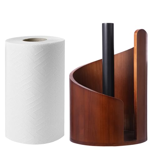 Paper Towel Holder Countertop with Wood Round Base and Iron Holder,Holds Mega Roll,Holder Stand for Kitchen Roll Organize,Wooden Paper Towel Holder for Kitchen Dining Table Home Decor - color: Brown