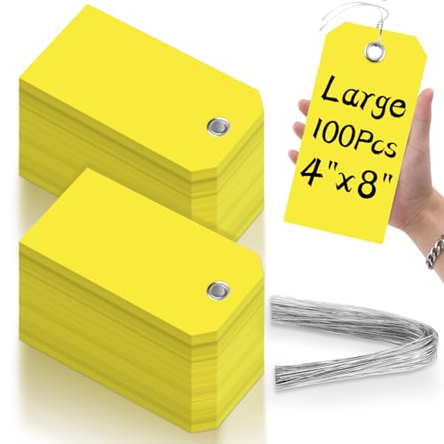 100 Pieces 4x8 inch Large Yellow Plastic Tags with Wires Heavy Duty Waterproof Shipping Tags with String Writable Blank Hang Tags with Reinforced Holes for Luggage Garage Inventory Car Parts - color: Yellow