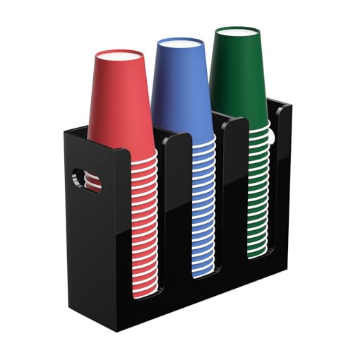 Disposable Coffee Cup Dispenser with Handles, Countertop or Wall Mount Hot/Cold Drink Cup and Lid Holder - Bathroom/Kitchen/Office Acrylic Cup Lid Storage Organizer (3 Compartments, Black) - color: Black, size: 3 Compartments