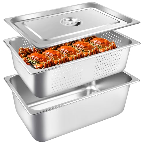 3 Pack Full Size 6 Inch, 8 Inch Hotel Pan with Lid Perforated Steam Table Pan Chafing Pans Steam Table Tray Stainless Steel Restaurant Supplies for Buffets Catering Commercial Kitchen - size: 8 inch