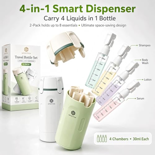 4 in 1 Travel Dispenser Bottle Four One Items Toiletry Containers Shampoo for Toiletries 4in -1 Soap 4-in-1 Leak Proof Rotatable Setpump Creams Sized TSA Refillable Lotion Cosmetic to Fill (White) - color: White