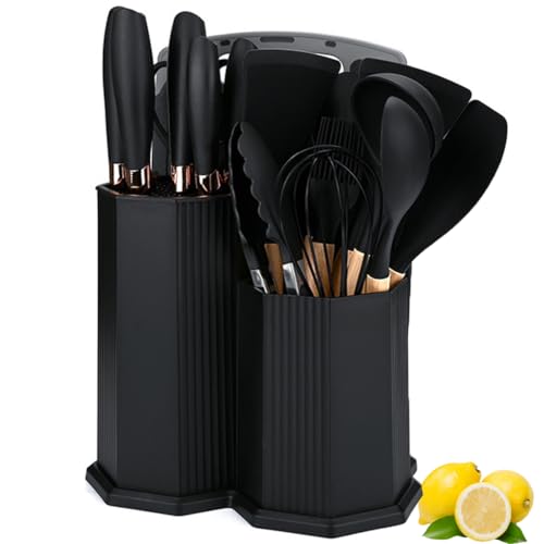 Kitchen Cooking Utensils and Knife Set with Holder Block, 19 Pieces Cooks Cutting Set 11 Pcs Silicone Cooking Utensils Sharp Stainless Steel Knives Scissors Whisk Tongs and Cutting Board (Black) - color: Black