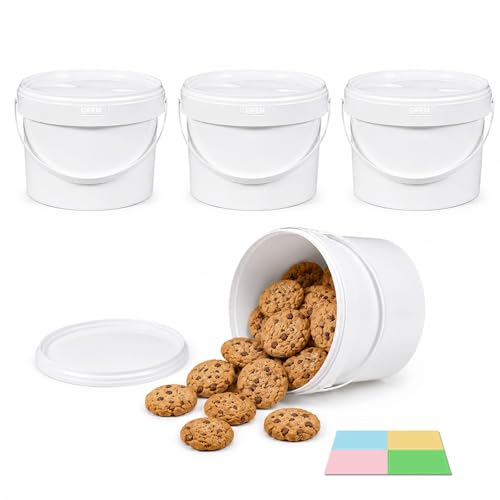 4 Pack 1 Gallon Plastic Bucket with Lid, Round Food Grade Large Storage Container for Water, Paint, Ice & Daily Use - color: White, size: 1 Gallon