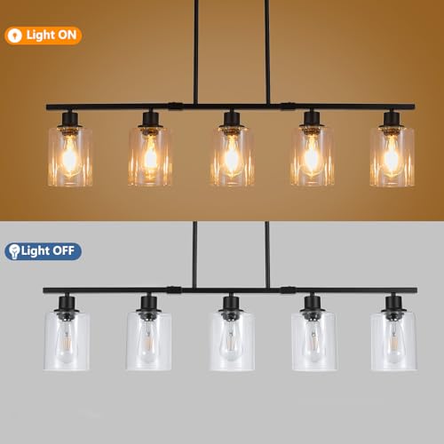 39.4" Kitchen Island Lighting, 5 Lights Clear Glass Pendant Light Fixtue, Black Linear Metal Chandelier for Dining&Living Room Foyer,Height Adjustable,E26 Socket - color: Black
