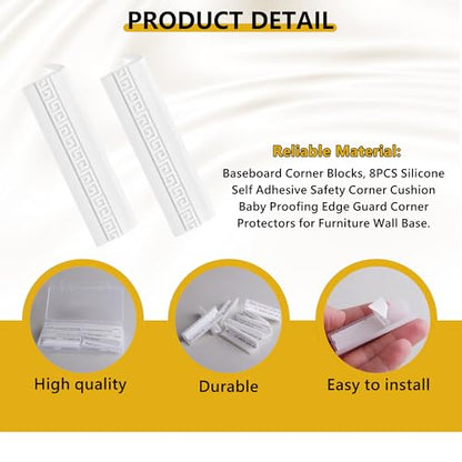 8PCS Baseboard Corner Protectors - Self Adhesive Silicone Safety Corner Protectors, Baby Proofing Edge Guard Cushion for Furniture Wall Base & Edges - Popular Home Childproofing Accessory