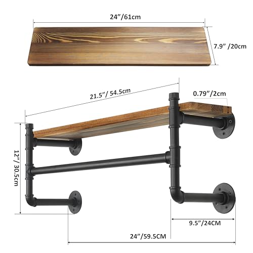 WEBI Wall Mounted Clothes Rack with Shelf,24" Industrial Pipe Clothing Rack with Shelves,Heavy Duty Iron Garment Bar,Retail Display Clothes Rod for Laundry Room,Black - color: Black, size: 24 Inch
