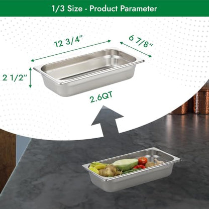 HECMAC 6 Pack Anti-Jam Hotel Pans, 1/3 Size 2 1/2 Inch Deep, Commercial Stainless Steel Chafing Steam Table Pan, Catering Storage Metal Food Pan, 23 Gauge - size: 1/3 Size, 2-1/2" Deep