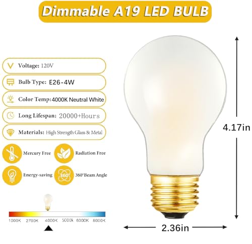 Dimmable LED Bulb 40W Vintage A19 Edison Bulb E26 Frosted Light bulb 4000K - size: C-4W-4000K