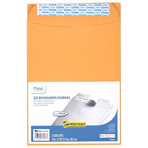Mead Envelopes, Letter Size 9" x 12", Press-It Seal-It Self Adhesive Closure, Brown Kraft All-Purpose 24-lb Paper, Manila Mailing Envelopes, 25 Count (76086) - size: 9 in. x 12 in. / 25-count