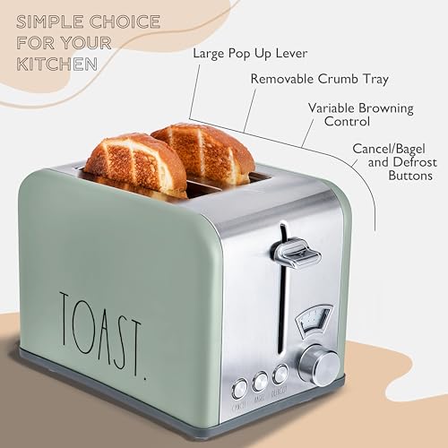 Rae Dunn Toaster, Stainless Steel 2 Slice Square Toaster, Wide Slot with 5 Browning Levels, with Bagel, Defrost and Cancel Options (Sage) - color: Sage