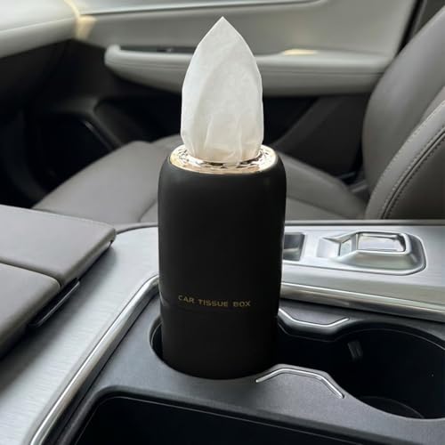 Car Cup Holder Tissue Holder, Water-Resistant Plastic Facial Tissues Cylinder, Portable Paper Towel Tube Container for Travel, Vehicle Napkin Box Organizer for Car, Home, Office (Black) - color: Black