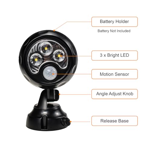 YCB2050 Battery Operated Motion Lights Outdoor, LED Motion Spotlight 5000K Daylight White, IP65 Waterproof, Wireless Security Light Uses 4 D-Cell Batteries (Not Included), Black