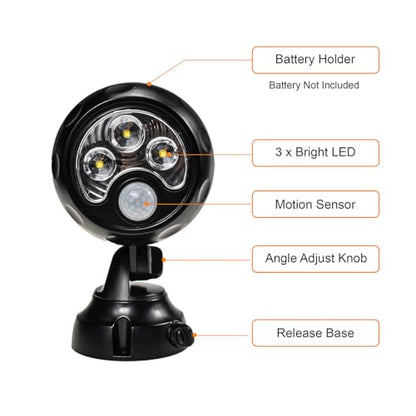YCB2050 Battery Operated Motion Lights Outdoor, LED Motion Spotlight 5000K Daylight White, IP65 Waterproof, Wireless Security Light Uses 4 D-Cell Batteries (Not Included), Black