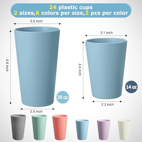 HEYCOME 24 Pcs Unbreakable Plastic Cups Set, 12 Pcs 14 oz and 12 Pcs 20 oz Reusable Plastic Cups, Stackable Water Tumblers, Drinking Cup for Kitchen, BPA-free, Dishwasher and Microwave Safe, 6 Colors - color: 6-Light Multicolor, size: 14+20 oz