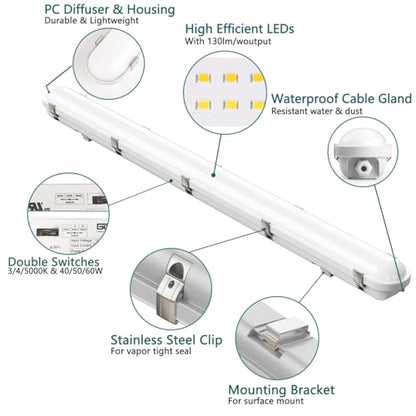 Zaltris 4FT Vapor Tight LED Lights, 60/50/40W, 3/4/5000K Adjustable, 6 Pack