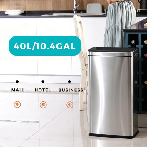 10.4 Gallon Large Metal Kitchen Garbage Can, Stainless Steel Trash Can, Open Top, Tall, Silver Wastebasket for Home Bathroom Hotel Lobby Office (40L Silver) - color: 40Lsilver