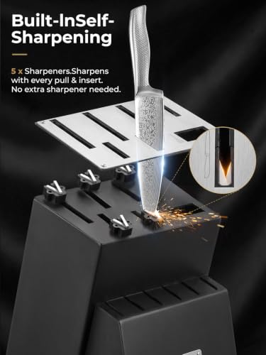 Knife Set, FOHERE 14 Pieces Kitchen Knife Set with Built-in 5 x Sharpeners, Waved Texture Knife Set with Block, Stainless Steel Knife Block Set, Sharp Knives Set with Ergonomic Handle - size: 14