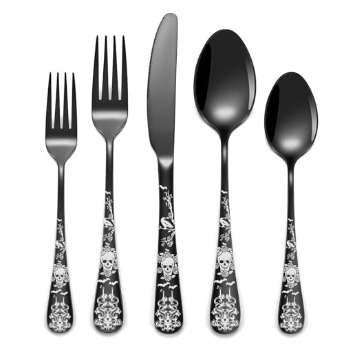 40-Piece Black Skull Silverware Set for 8, Flatware Set Stainless Steel Spoons,Forks,Knife Pattern Unique Design Utensil Sets Tableware Cutlery, Mirror Polished, Dishwasher Safe - color: Skull-40 Piece-Black