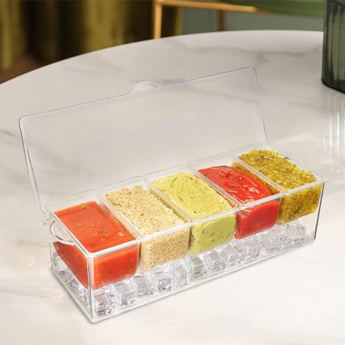 Chilled Condiment Server with 5 Containers & Lids,Ice Tray for Bar & Party