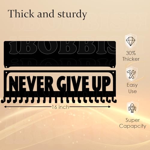 iBobbish Metal Medal Hanger Display,Non-Slip Trophy Shelf with 20 Hooks,Wall Mount,Heavy Duty,Non-Bent,Holds 22-33lbs,for Gymnastics,Race,Soccer,Swim - color: Black, style: NON-SLIP NEVER GIVE UP