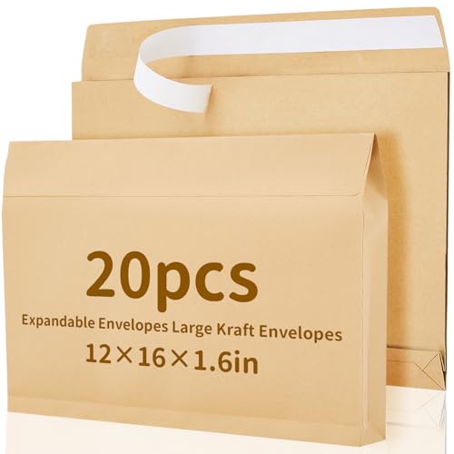 Fullhawl 20 Pcs 12 x 16 x 1.6 Inch Large Expandable Catalog Envelopes Manilla Kraft Peel and Seal Envelopes Light Brown Large Mailing for Office Home Documents Magazines Photos Storage Organizing - color: Brown, size: 12 x 16 x 1.6 Inch