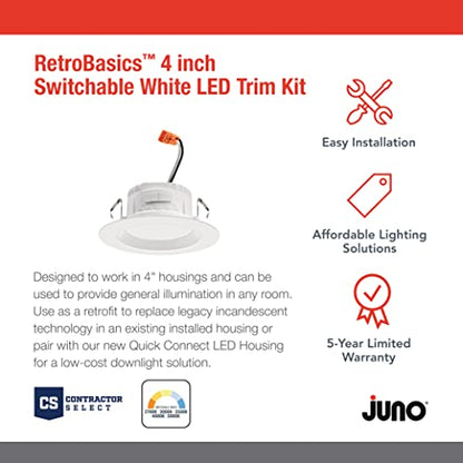 Juno 4" Inch LED Recessed Lighting, RetroBasics Series LED Downlight Trim Kit, Regressed 4" Ceiling Light with 5-in-1 Switchable White Color, 625 Lumens, Baffle Trim, Matte White - color: Switchable White, size: 4-Inch, style: Standard | Non-Adjustable |