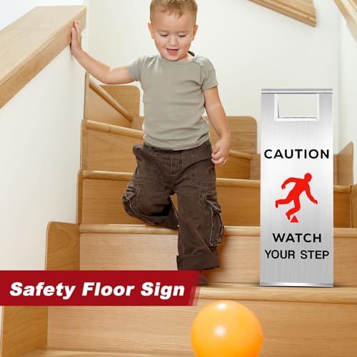 Tandefio 2 Pcs Stainless Steel Caution Watch Your Step Signs 24 Inch Foldable Wet Floor Sign Double Sided Commercial Safety Warning Industrial Warning Mark for Office Hotel Market Restroom Restaurant