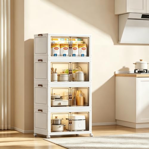 285.3QT Foldable Stackable Storage Bins with Magnetic Doors & Lockable Wheels, 4 Pack Large Plastic Closet Organizer, Tool-Free Storage Box for Bedroom Kitchen Bathroom Dorm Office Garage - size: 4PACK-23.62"W14.02"D53.54"H