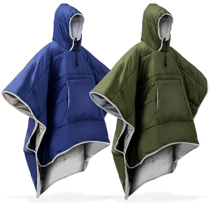 Preboun Thermal Poncho Wearable Hooded Blanket Winter Poncho Wearable Sleeping Bag Water Resistant Windproof for Men Women - color: Green, Navy Blue
