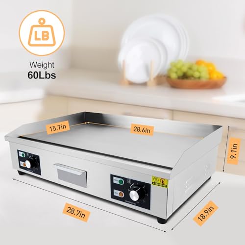 OUTLANE Commercial Electric Griddle 29 Inch 3000W – Stainless Steel Flat Top BBQ Grill – Dual Temperature Control – Large Non-Stick Countertop for Restaurant, Home Kitchen, Outdoor Cooking – Silver