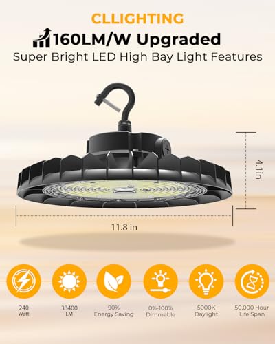 UFO LED High Bay Light 240W, 6 Pack, 38,400LM, 1-10V Dimmable, Flicker-Free - size: Dia. 11.81"-240W
